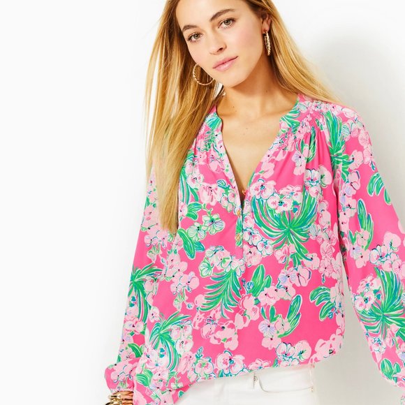 Lilly Pulitzer Elsa Silk Top, Roxie Pink Worth A Look - Picture 1 of 10